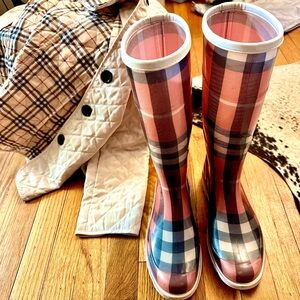 Burberry Pink and Beige Plaid Tall Rain Boots